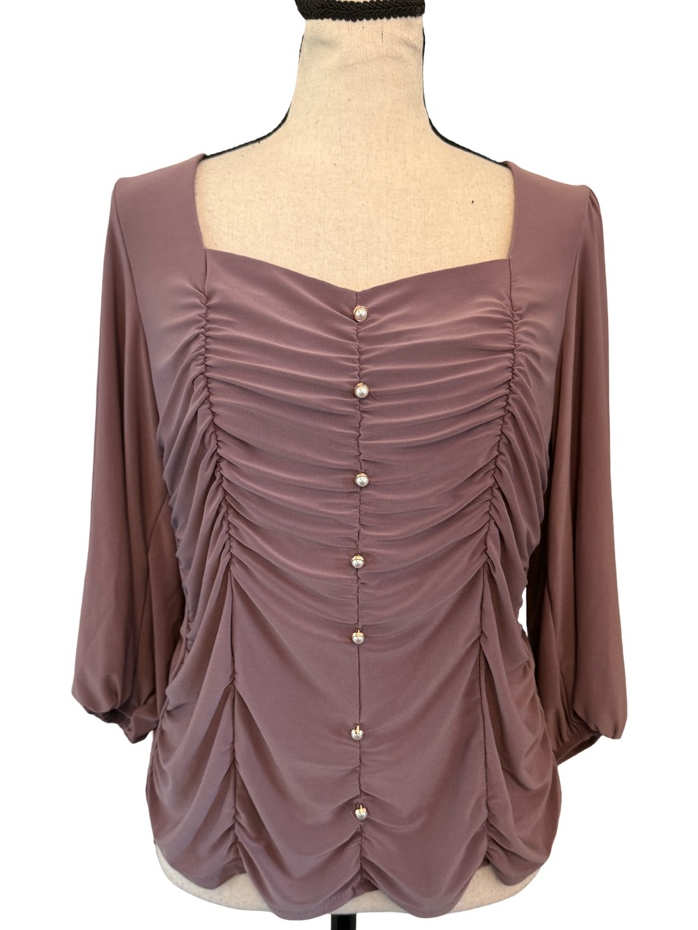 Perseption Concept Mauve Ruched Pearl Button Square Neck Blouse Large